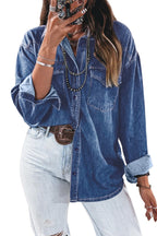 Sail Blue Western Patch Pockets Tunic Length Long Sleeve Denim Shirt