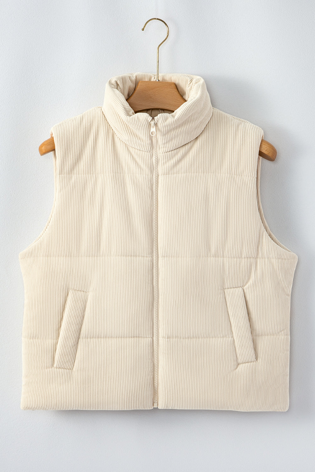 Beige Corduroy Stand Neck Zipped Puffer Vest