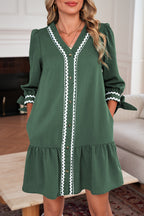 Canton Contrast Ricrac Trim Button V Neck Knotted Bracelet Sleeve Dress
