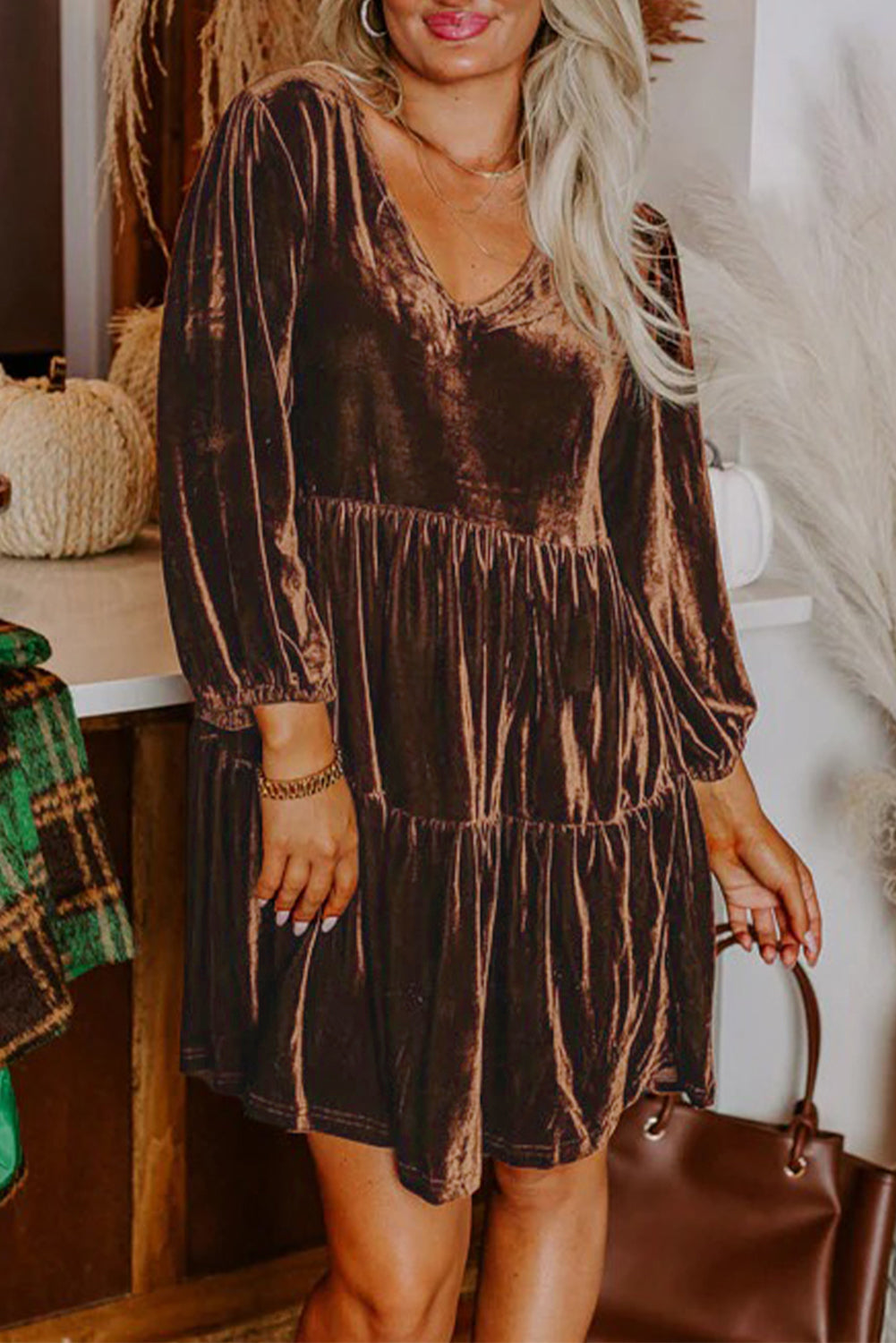 Chicory Coffee Solid Color Velvet V Neck Long Sleeve Tiered Mini Dress
