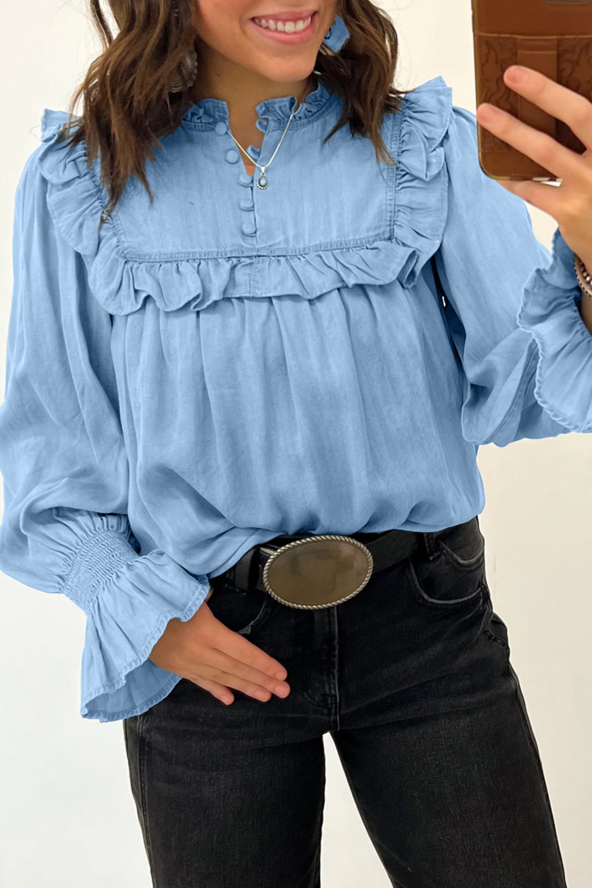 Beau Blue Western Ruffle V Neck Long Sleeve 100% Cotton Chambray Blouse