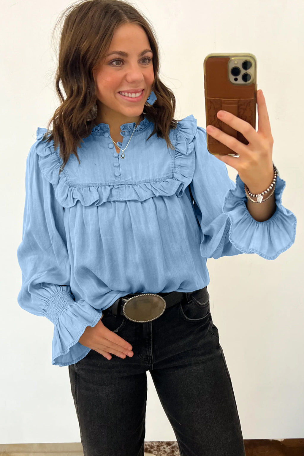 Beau Blue Western Ruffle V Neck Long Sleeve 100% Cotton Chambray Blouse