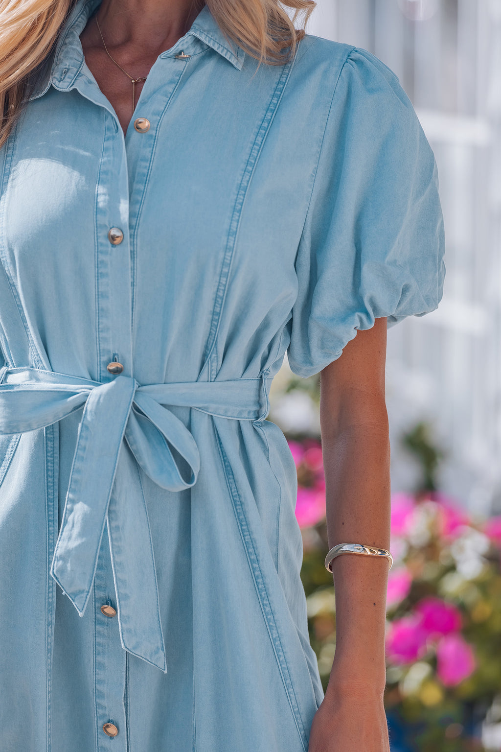 Sail Blue 100% Cotton Full Buttons Collared Short Bubble Sleeve Long Denim Dress