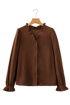 Coffee Solid Color Ruffle Trim V Neck Long Sleeve Button Corduroy Shakcet