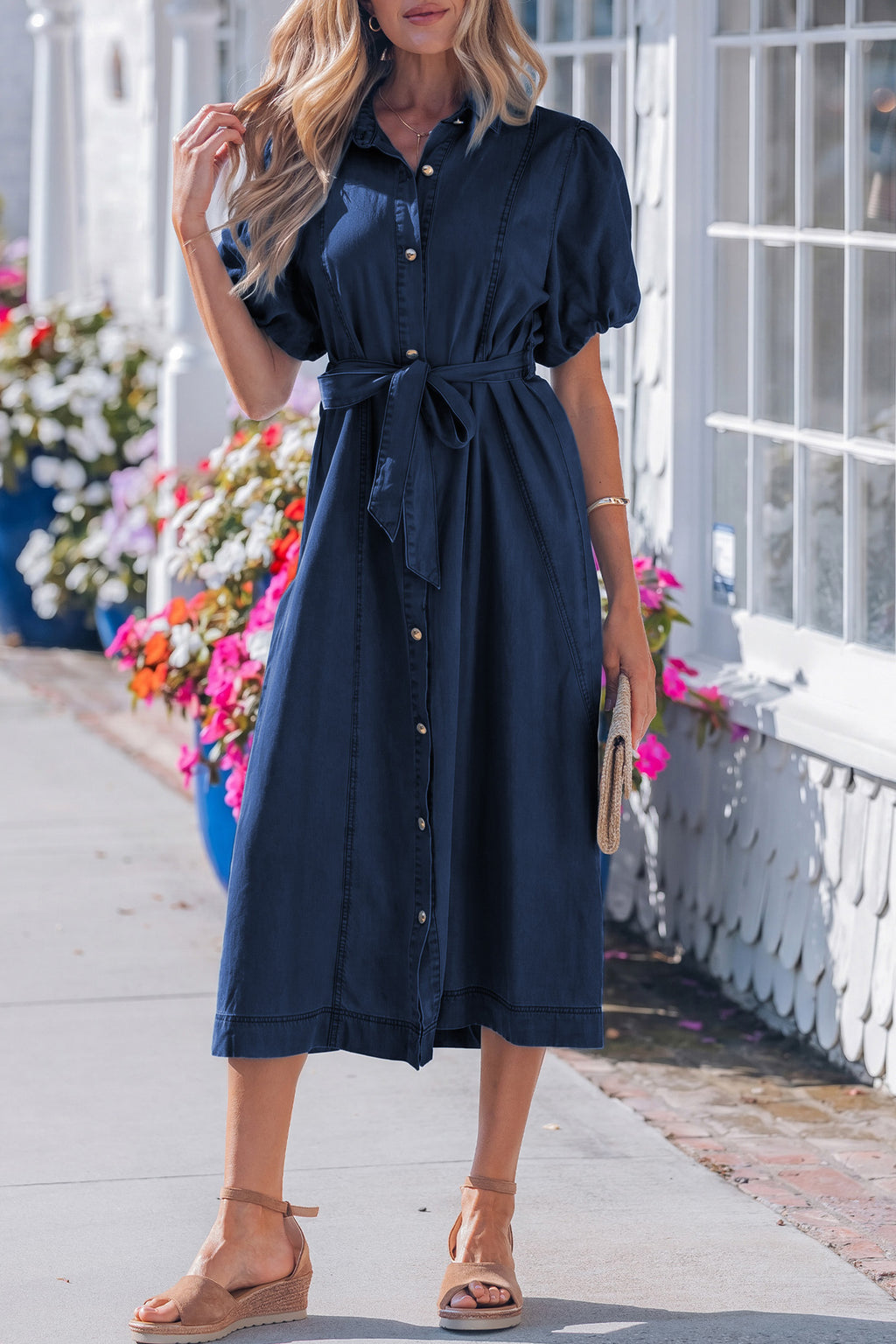 Sail Blue 100% Cotton Full Buttons Collared Short Bubble Sleeve Long Denim Dress