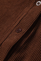 Coffee Solid Color Ruffle Trim V Neck Long Sleeve Button Corduroy Shakcet