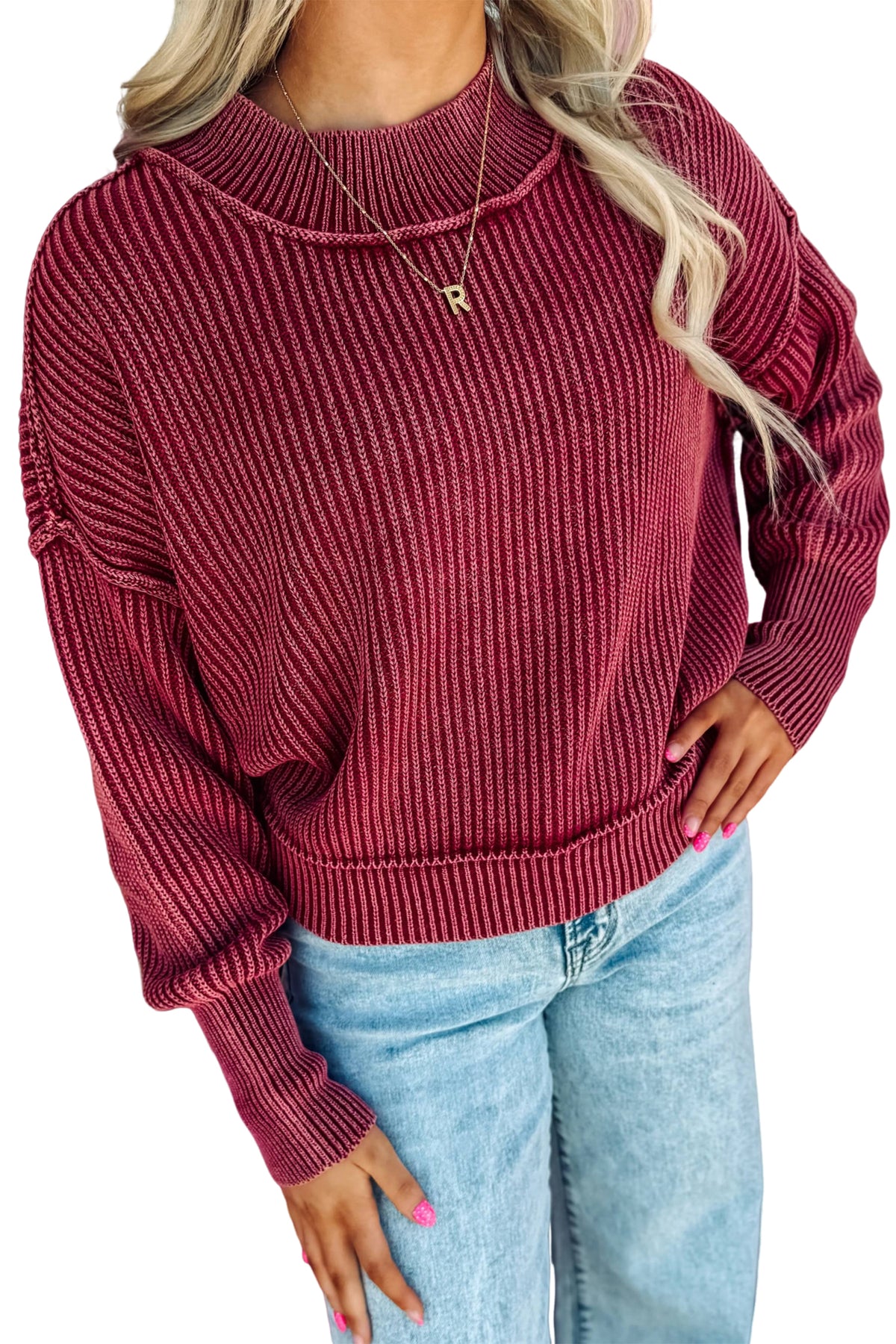 Red Dahlia 100% Cotton Drop Shoulder High Neck Ribbed Sweater